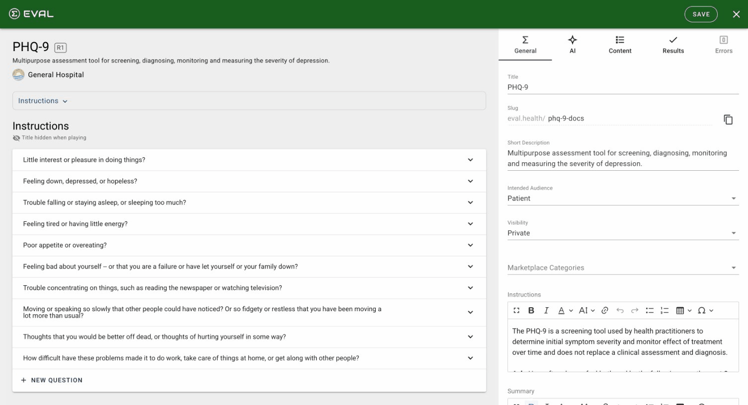 The Builder's two-pane layout showing the PHQ-9 evaluation with the General tab open