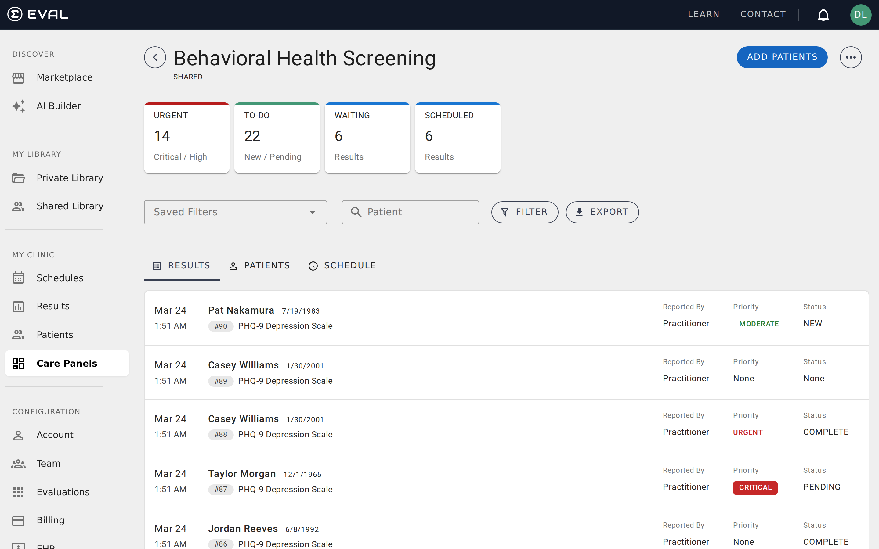Care panel overview showing the results grid and summary cards