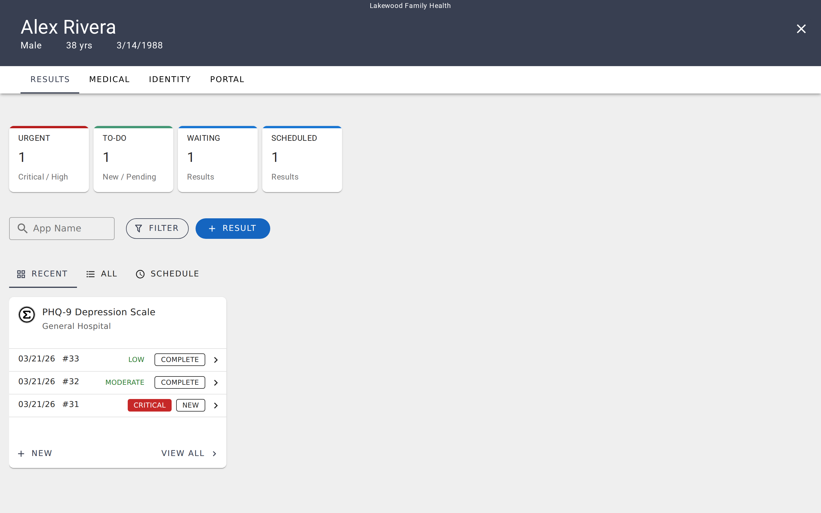 Patient chart with results, priority stats, and assessment history
