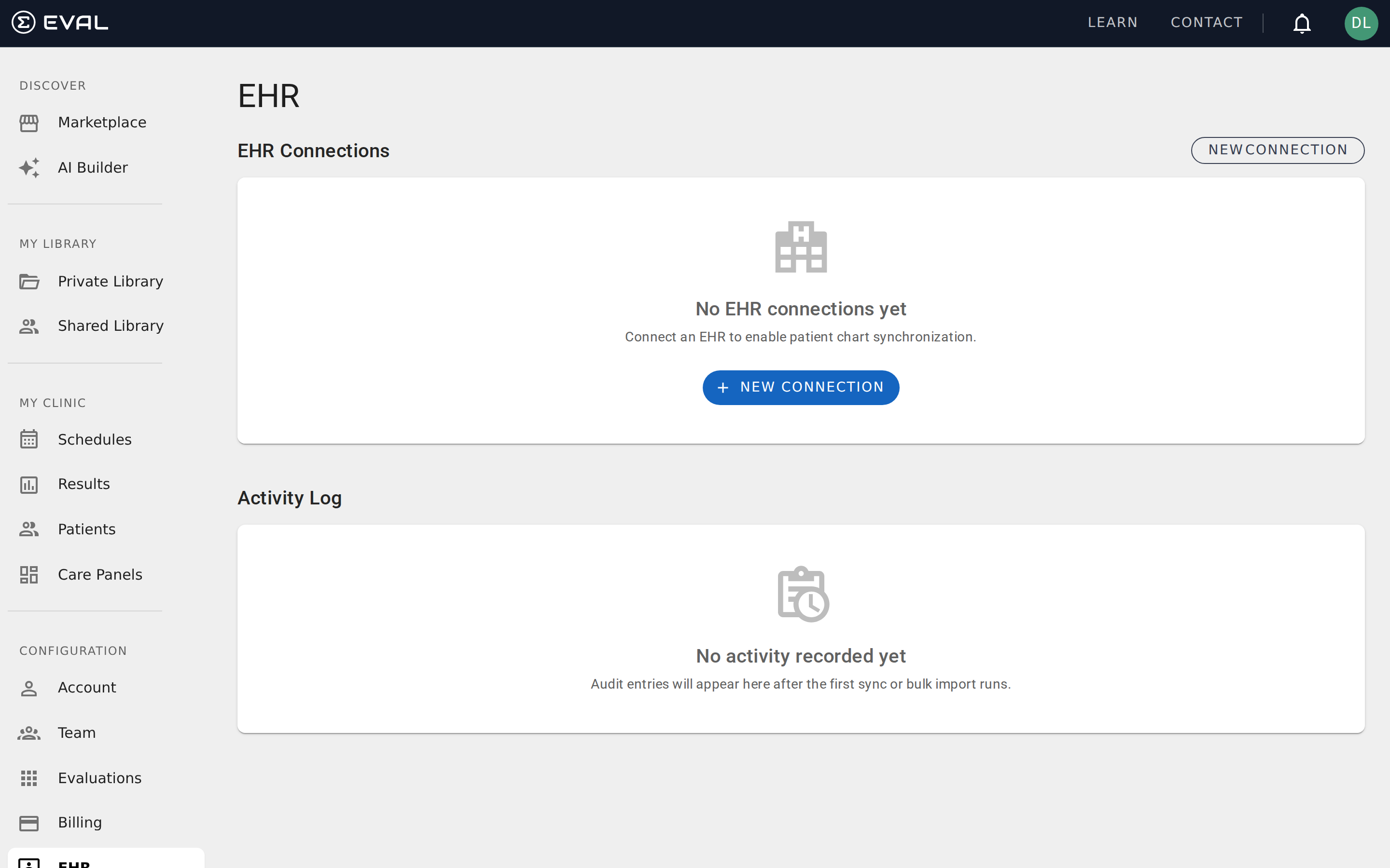 EHR connection activity log with errors